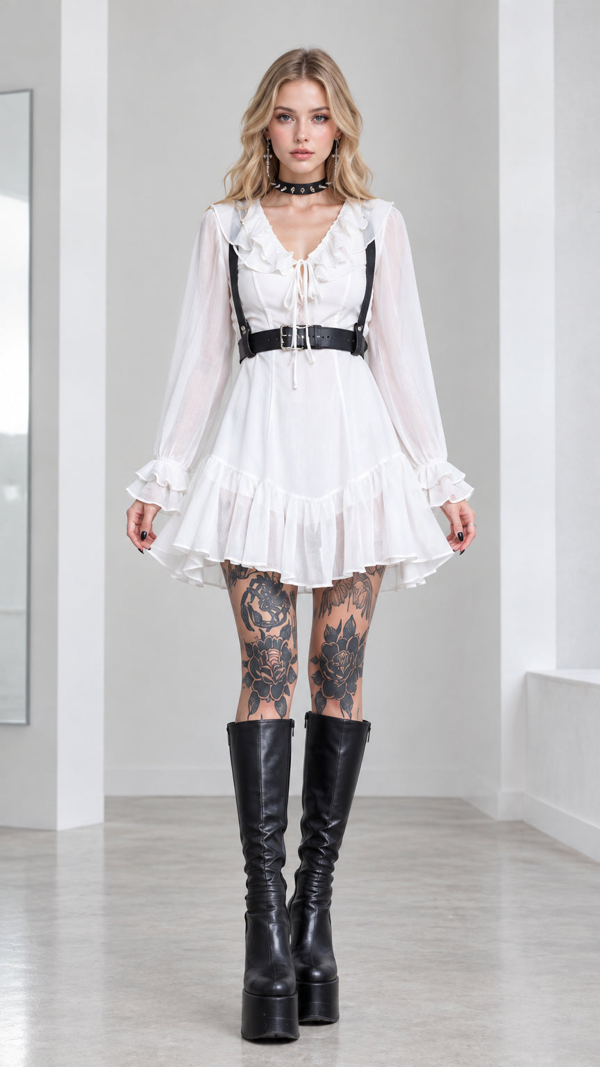 Front full view of woman wearing white ruffled long sleeve mini dress with black harness belt and boots