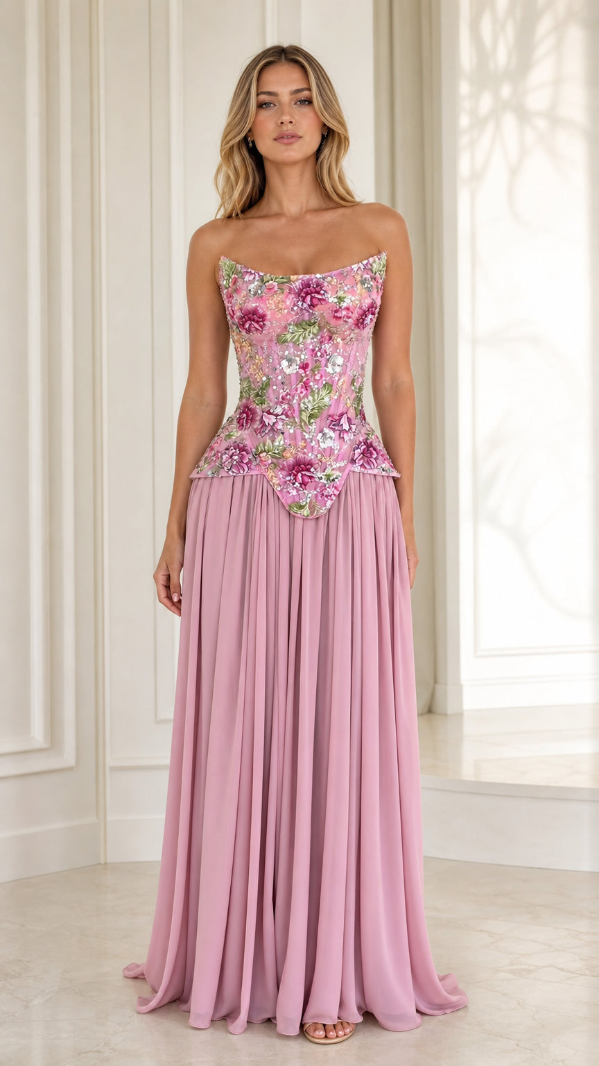 Mauve strapless evening gown with floral embroidered basque corset bodice front view