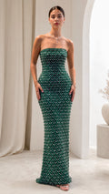 Front view of model wearing Emerald Green strapless beaded maxi evening gown