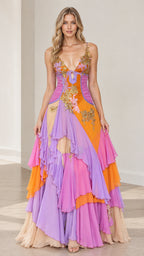 Front full-length view of model in multicolor tiered ruffle evening gown with embroidered lace bodice