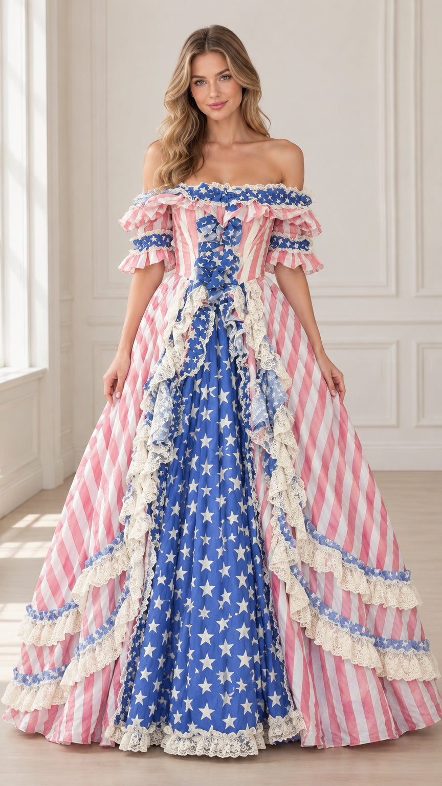 Front view of model wearing pink and blue stars and stripes tiered ruffle off-shoulder ball gown