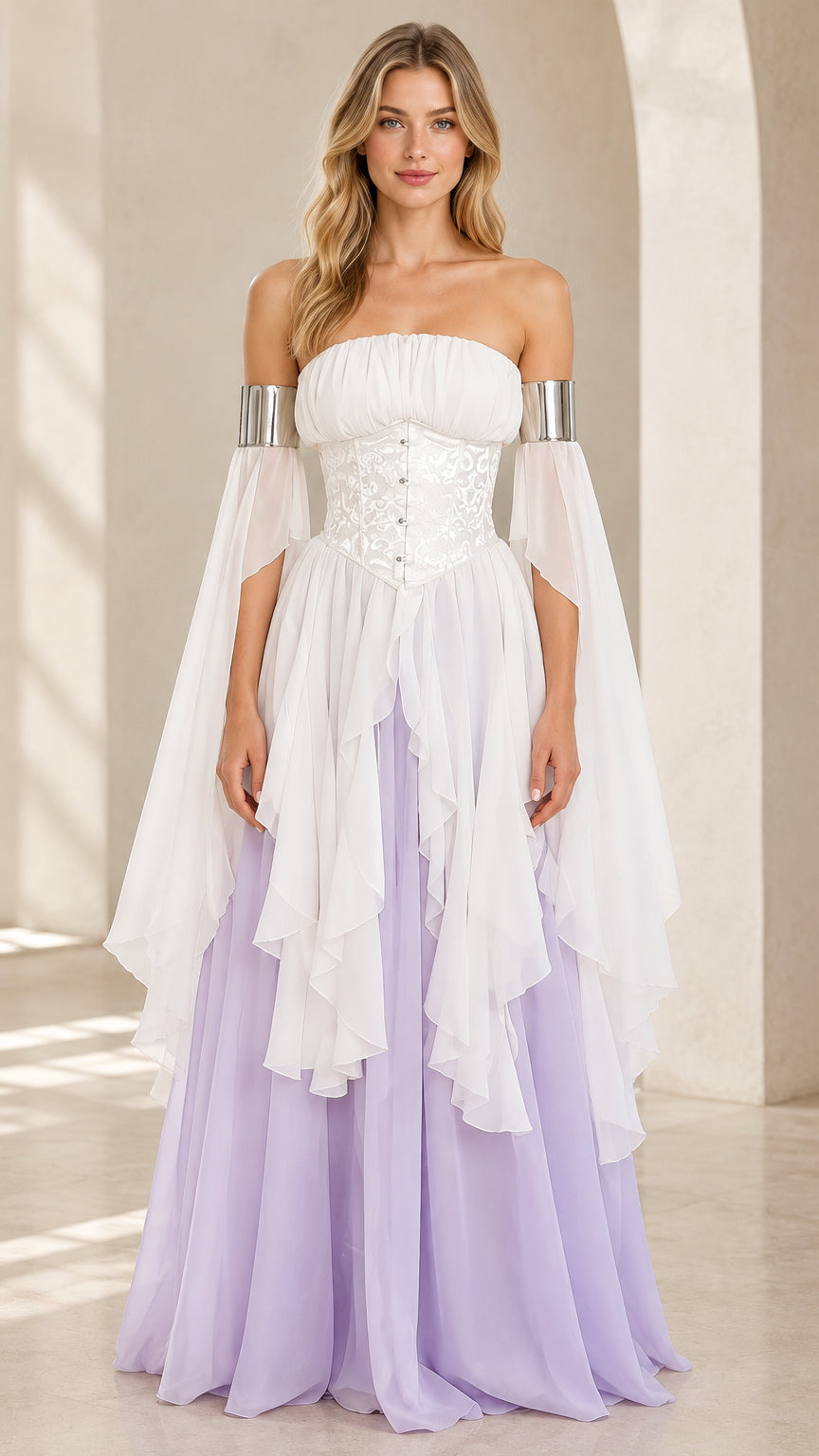 White and lavender off-shoulder corset maxi dress with layered ruffles, front view