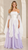 White and lavender off-shoulder corset maxi dress with layered ruffles, front view