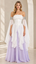 White and lavender off-shoulder corset maxi dress with layered ruffles, front view