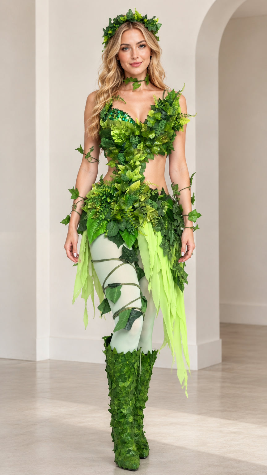 Front full-length view of model wearing the light green ivy fairy costume set with leafy crop top and leggings
