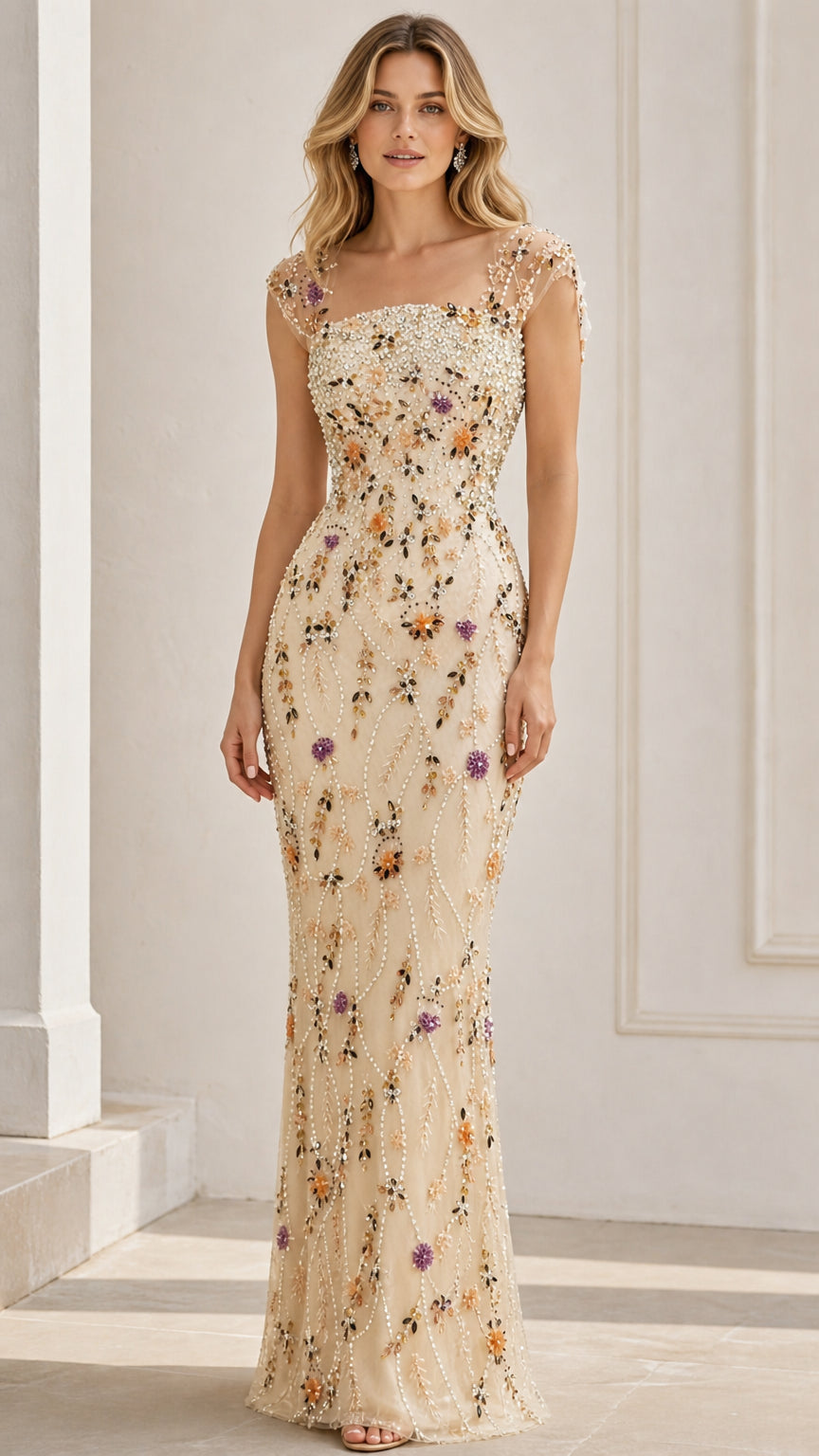 Front view of woman wearing champagne floral beaded square neck column evening gown