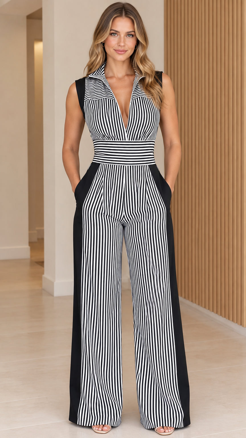 Front full-length view of woman wearing black and white striped sleeveless wide-leg jumpsuit
