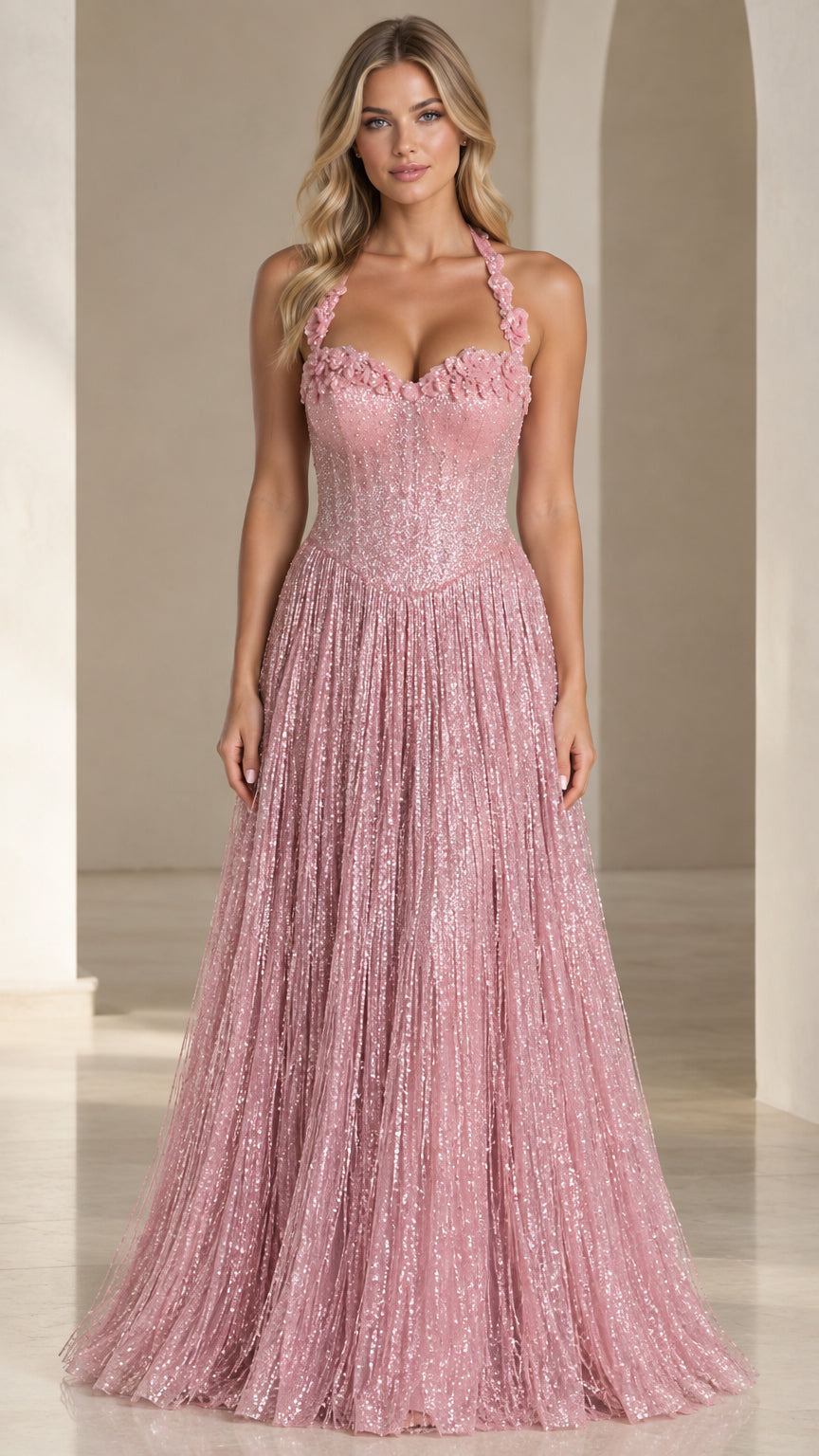 Front view of woman wearing pink floral applique halter sequin maxi evening gown