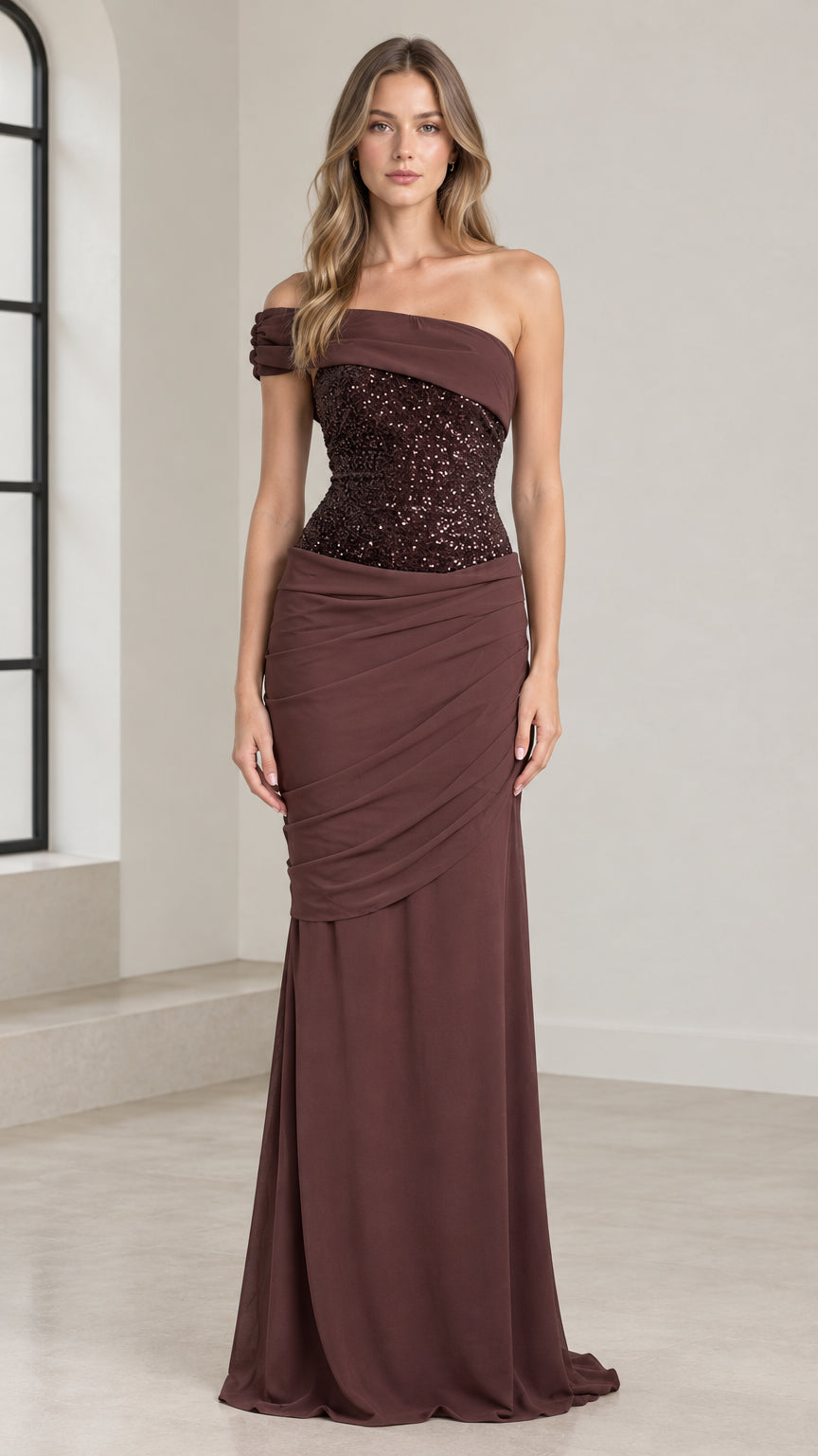 Front view of chocolate brown asymmetric draped neckline sequin evening gown