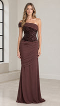 Front view of chocolate brown asymmetric draped neckline sequin evening gown