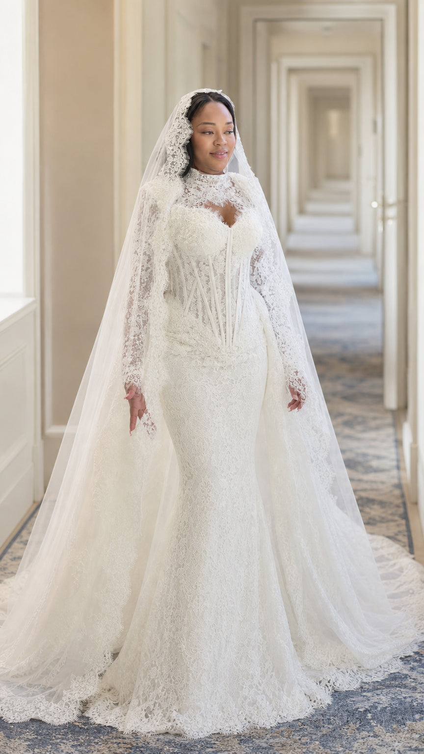 Ivory illusion high neck long sleeve corset lace mermaid wedding gown front view