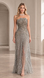 Silver strapless beaded fringe evening gown with scalloped neckline front view