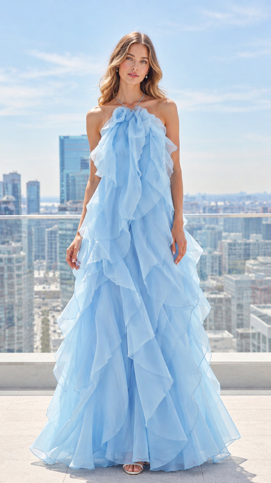 Front full-length view of woman wearing a light blue halter tiered ruffle maxi gown