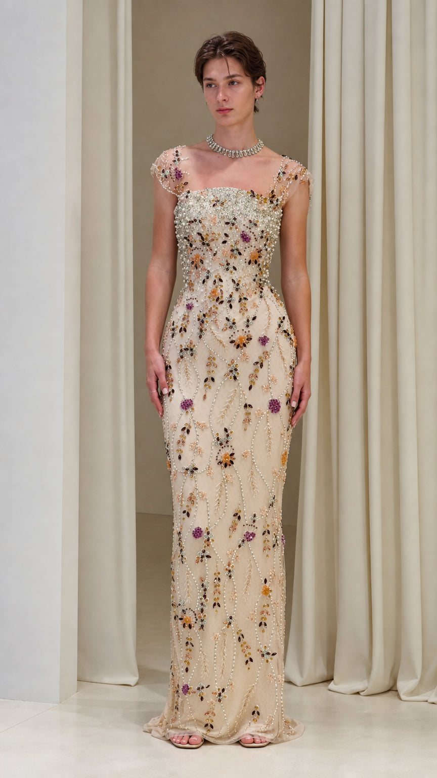 Champagne floral beaded cap-sleeve column evening gown front view