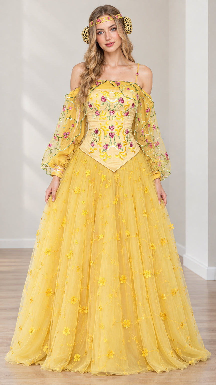 Front view of yellow floral embroidered Renaissance ballgown with cold-shoulder bishop sleeves