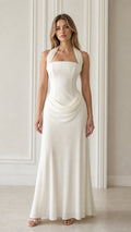 Ivory halter neck draped waist maxi gown front view