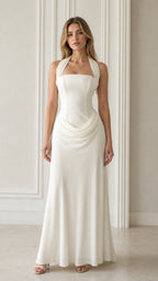 Ivory halter neck draped waist maxi gown front view