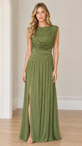 Olive green draped cowl neck sleeveless maxi dress with front slit on model