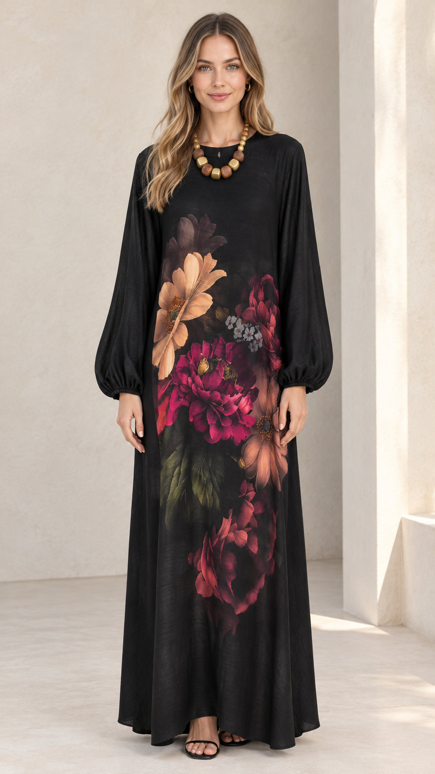 Front view of black floral print long sleeve maxi dress