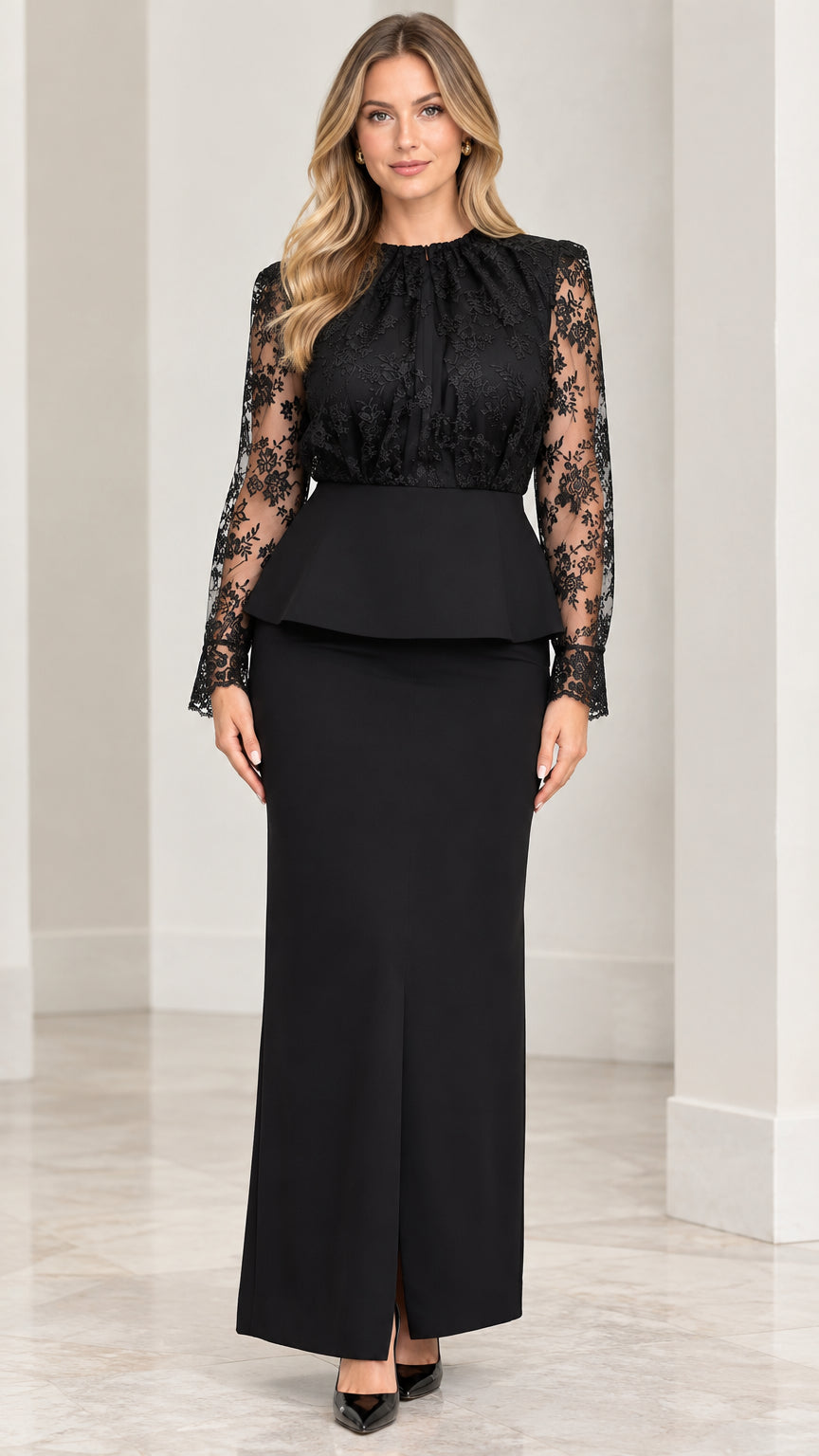 Front view of model wearing black lace peplum top and maxi skirt formal set