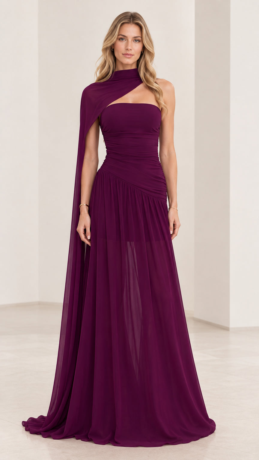 Plum asymmetric capelet chiffon maxi evening dress with ruched bodice front view