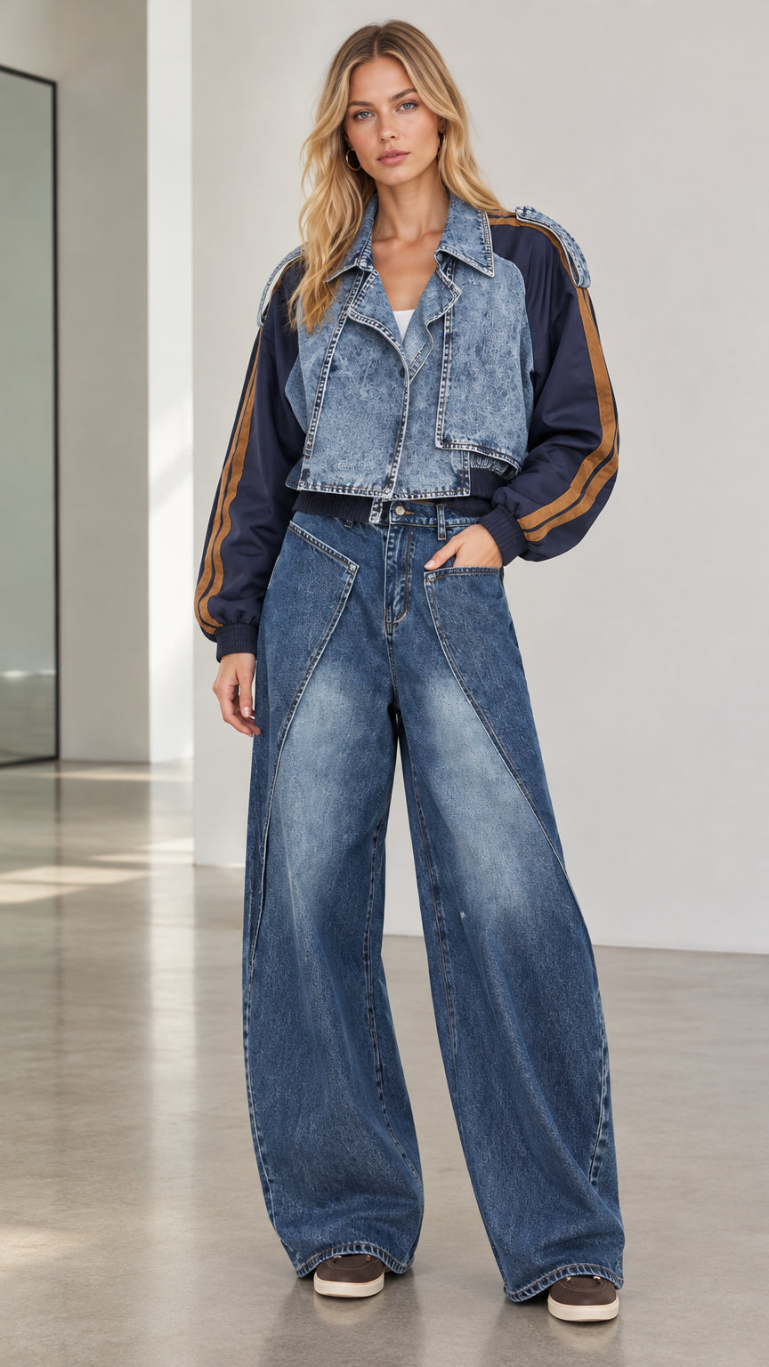 Front view of model wearing blue washed denim two-piece set with cropped jacket and wide-leg pants
