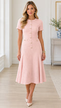 Front full-length view of model wearing blush pink short sleeve tweed button-front midi dress