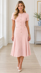Front full-length view of model wearing blush pink short sleeve tweed button-front midi dress
