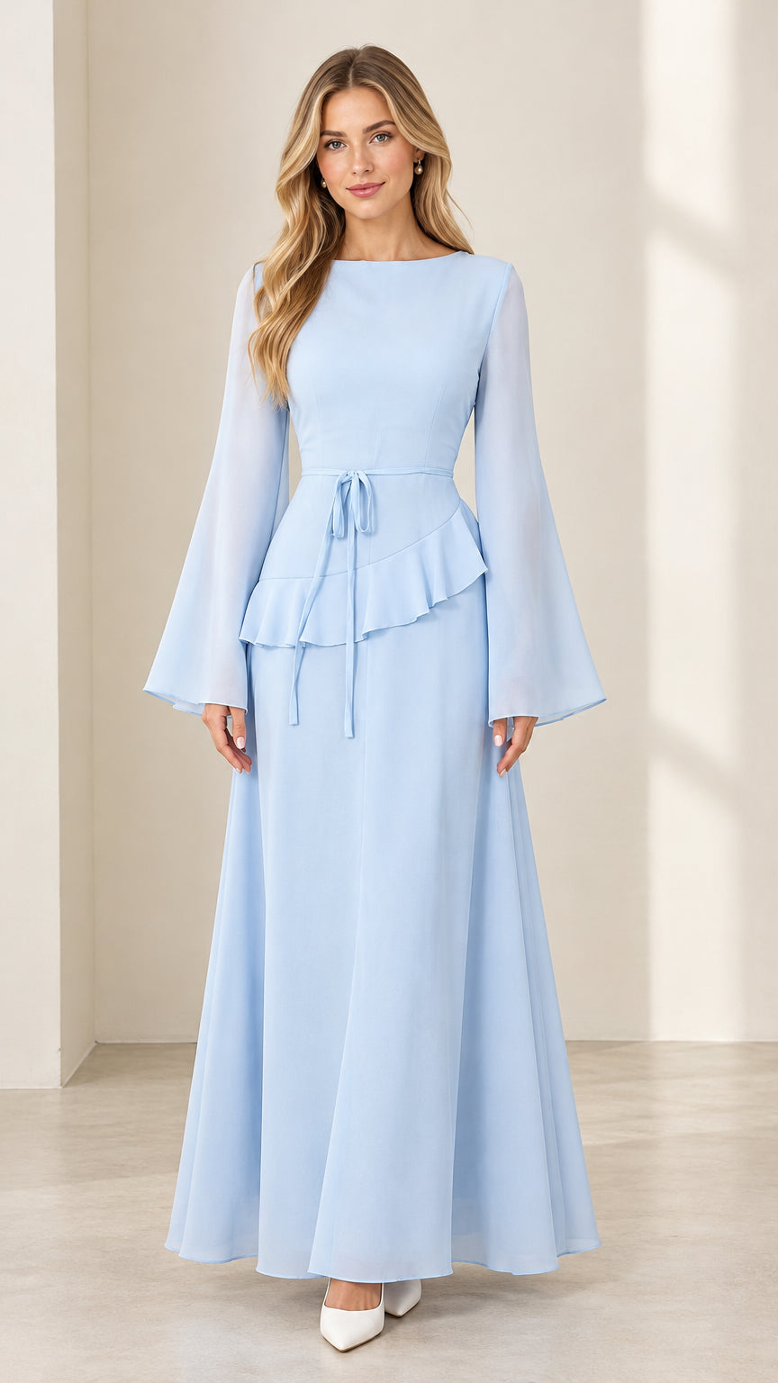 Front full view of women's bell sleeve peplum maxi dress in light blue