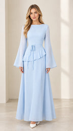 Front full view of women's bell sleeve peplum maxi dress in light blue