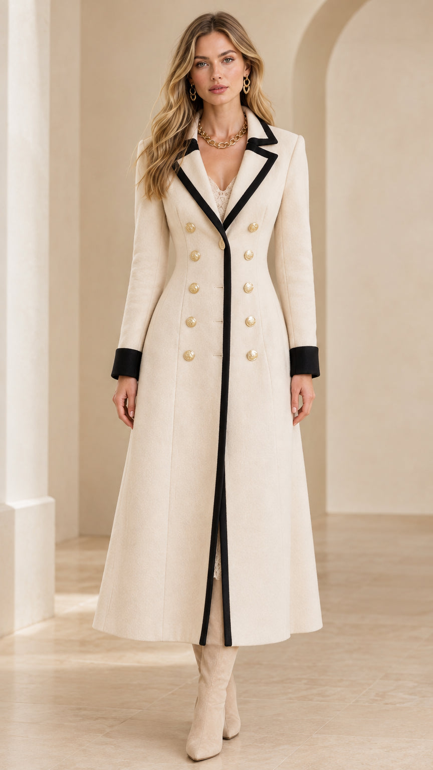 Front full-length view of woman wearing cream maxi coat with black contrast trim and gold crest buttons