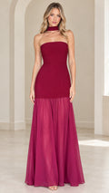 Strapless drop waist burgundy maxi dress with neck scarf front view