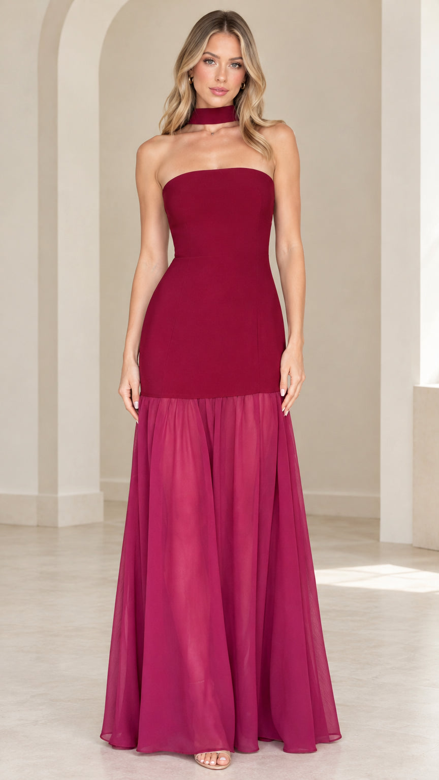 Strapless drop waist burgundy maxi dress with neck scarf front view