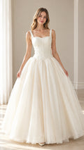 Front full-length view of the ivory corset basque waist tulle ballgown dress