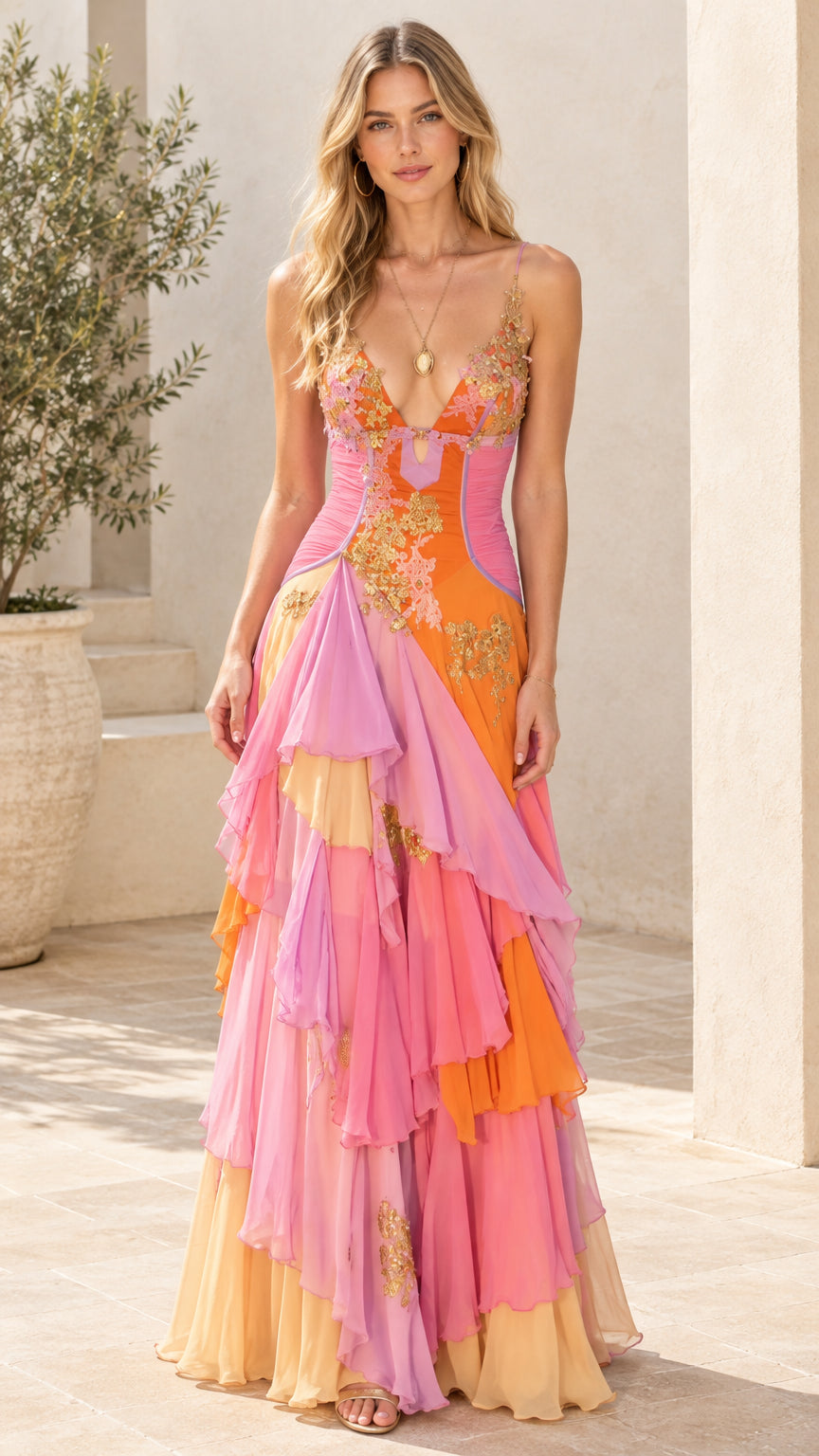 Front view of model wearing pink multicolor embroidered tiered chiffon maxi evening gown