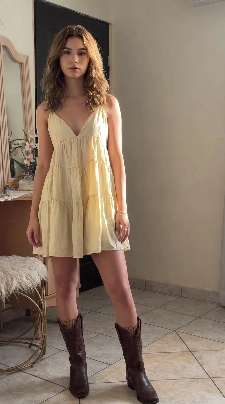 Front full-length view of model wearing light yellow crinkle cotton tiered cami mini dress with western boots
