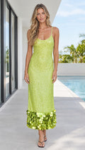 Front view of model wearing lime green sequin cami maxi dress with paillette disc fringe hem