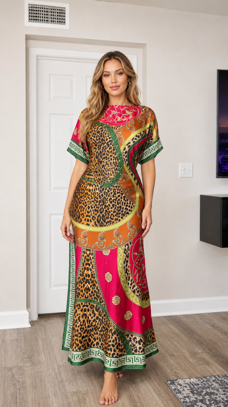 Front full-length view of woman wearing Fuchsia baroque leopard print satin maxi kaftan dress
