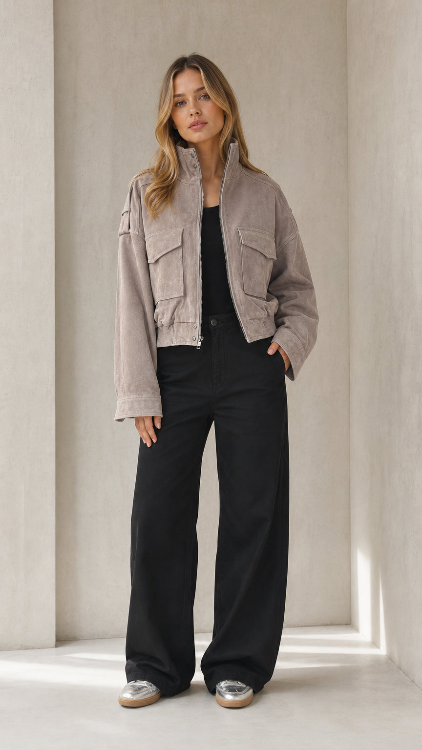 Women's taupe cropped faux suede utility jacket front view paired with black wide-leg trousers