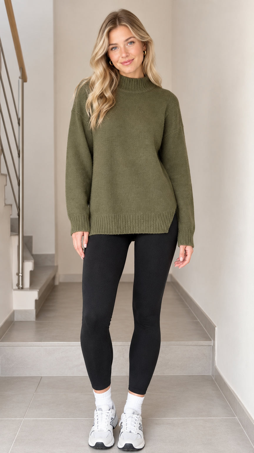 Front view of model wearing olive green mock neck knit sweater with black leggings