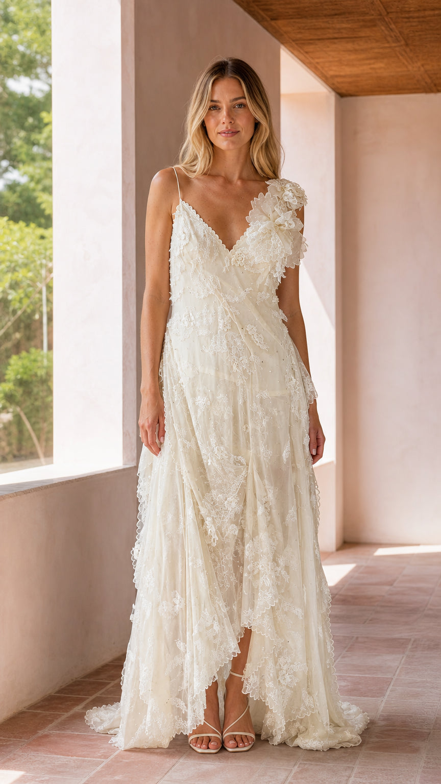 Front full-length view of woman wearing ivory floral lace asymmetrical maxi dress with high-low hem