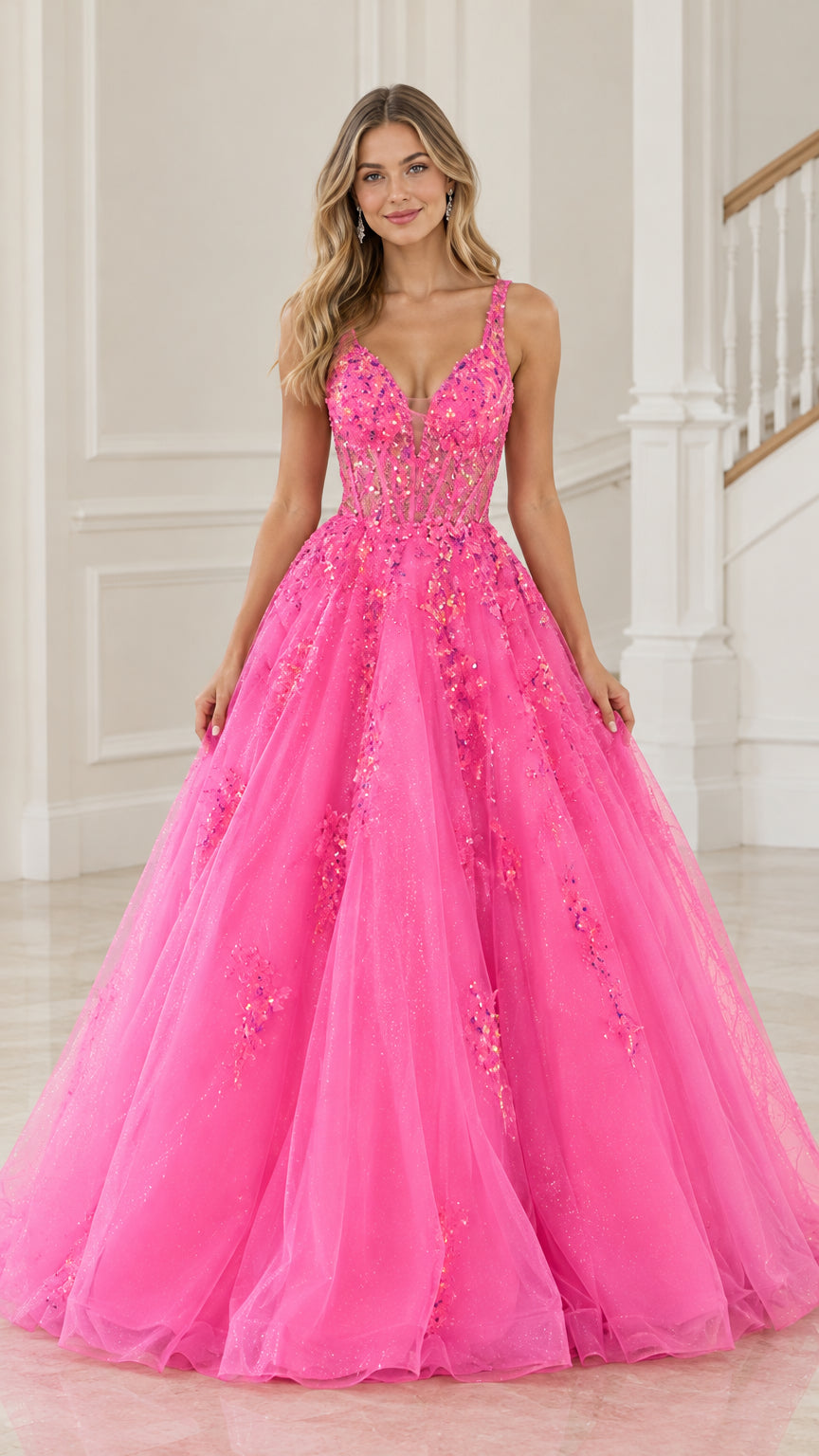 Front full view of hot pink floral appliqué tulle ball gown