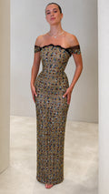 Bronze gold off-the-shoulder jeweled column maxi gown front view