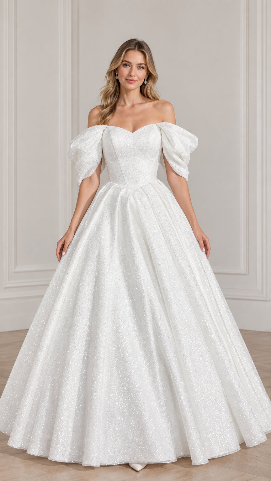 Front view of model wearing white glitter off-the-shoulder puff sleeve ball gown