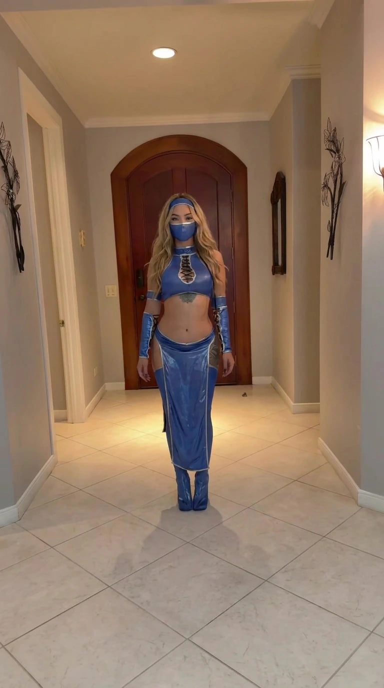 Front full-length view of model wearing Royal Blue metallic warrior cosplay costume set
