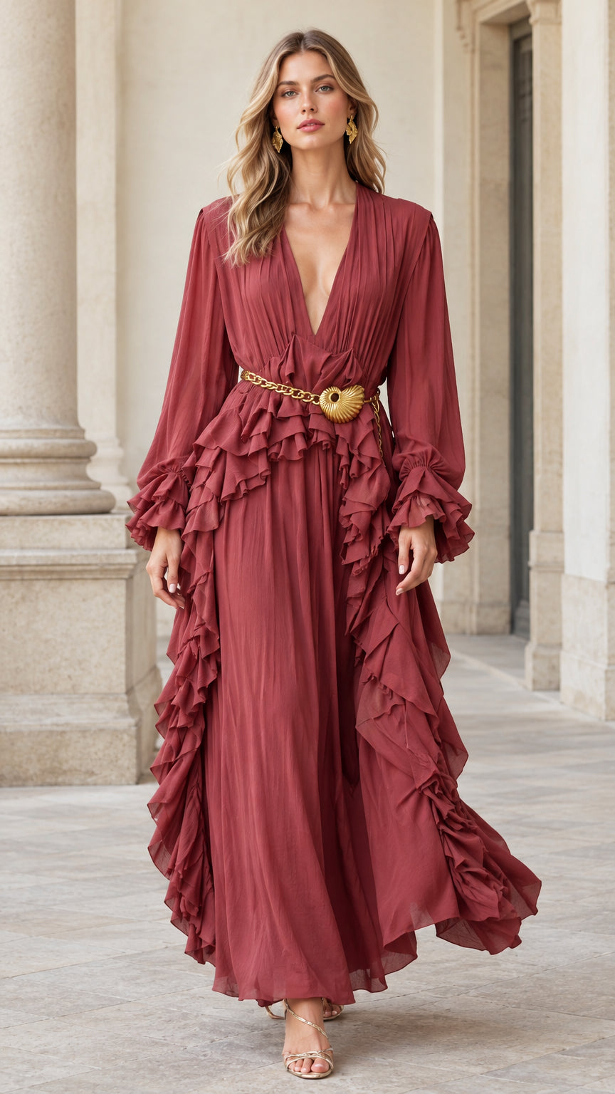 Front full-length view of woman wearing rust red pleated deep V-neck maxi dress with ruffles and waist belt