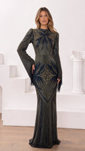 Front view of Midnight Charcoal geometric beaded high-neck maxi evening gown with flared sleeves