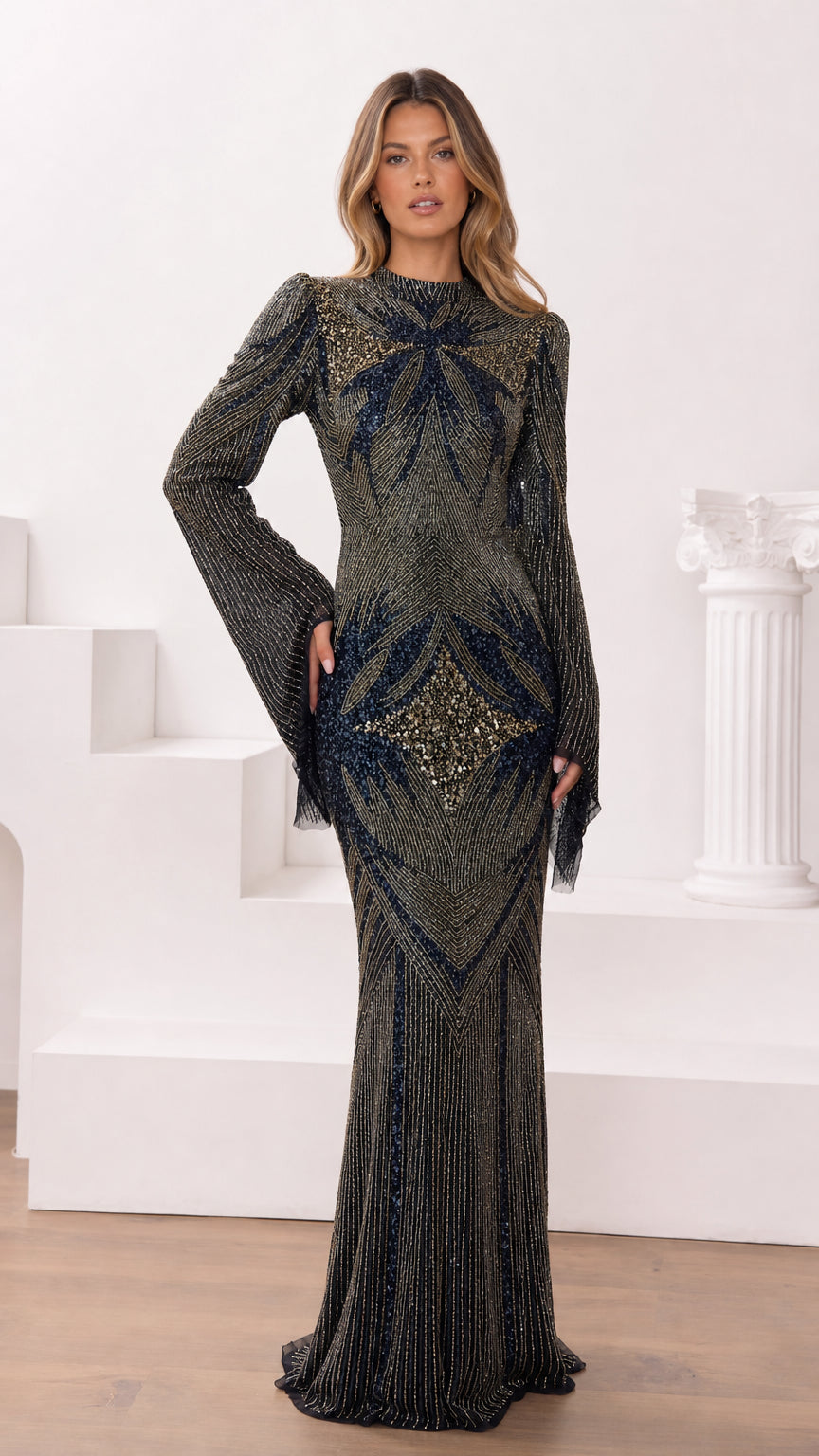 Front view of Midnight Charcoal geometric beaded high-neck maxi evening gown with flared sleeves