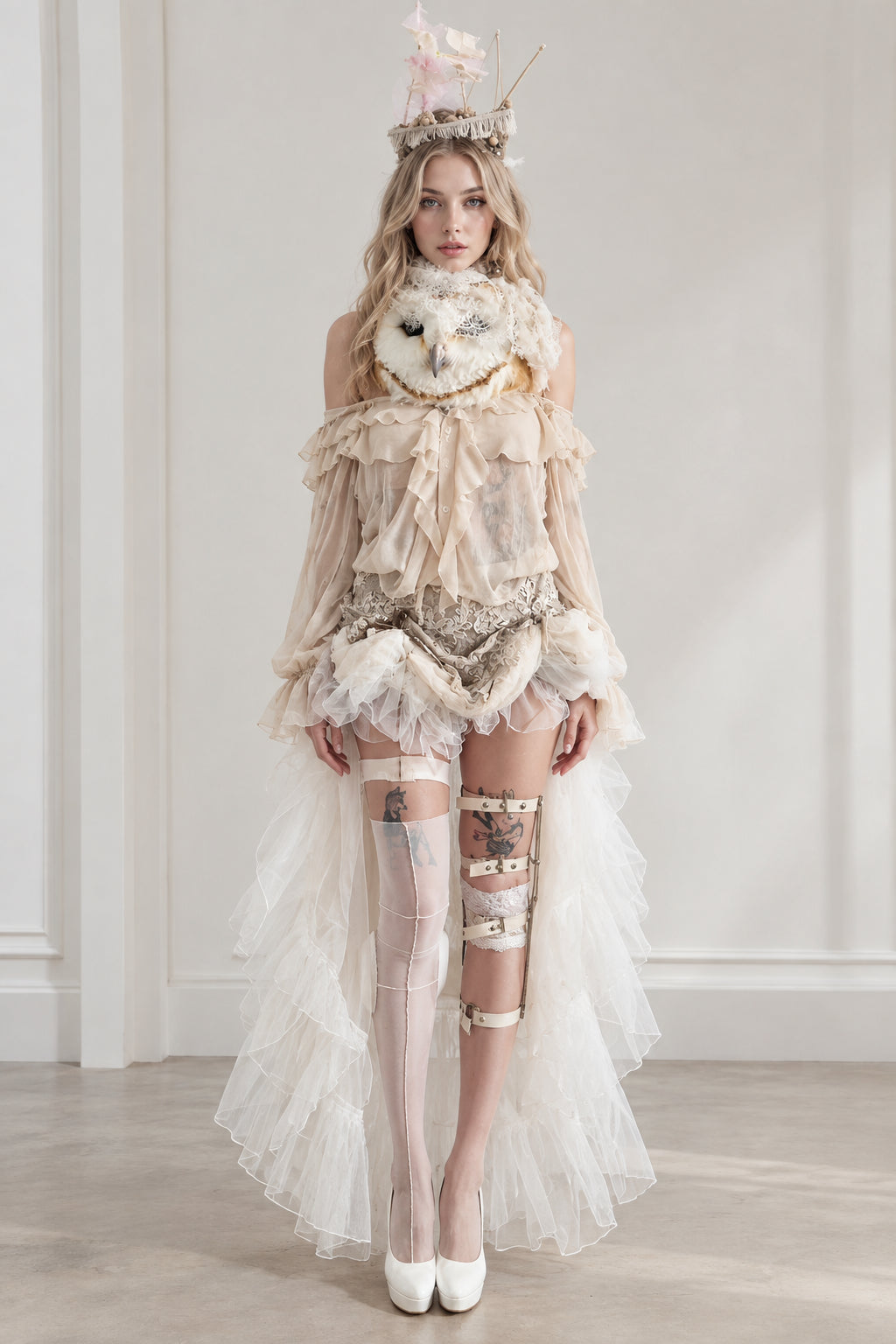 Front view of model wearing ivory gothic fantasy ruffled high-low costume set