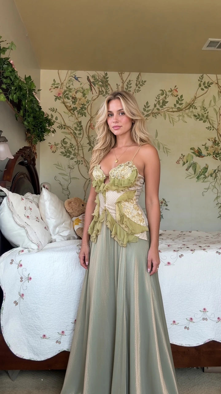 Sage Green corset lace applique spaghetti strap maxi evening gown front view
